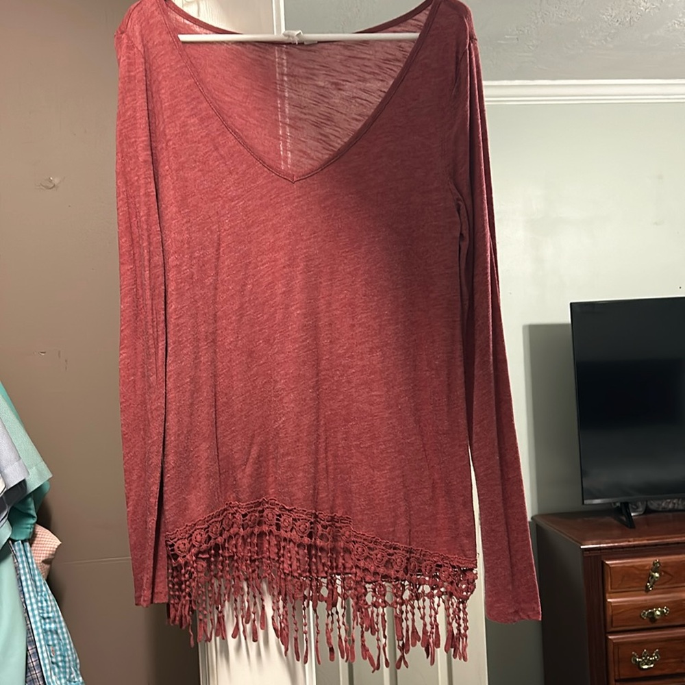 Long Sleeve Dark Red Dressy Tee